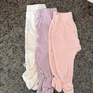 Set of Three - Honest- Baby Footed Leggings in Cream, Lavender, and Peach. NB
